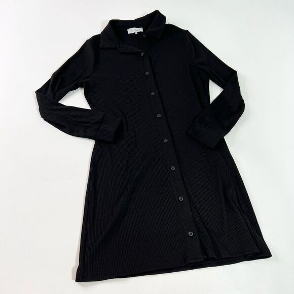 WAYF Shirt Dress Women's Medium Black Button Up Long Sleeve Classic Ribbed - Picture 1 of 11